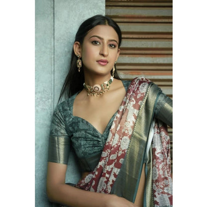 Generic Women's Polyester Printed Saree With Unstitched Blouse 5.5 Mtr (Maroon)