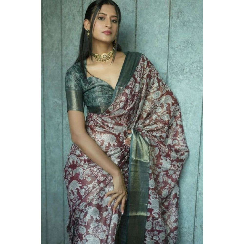 Generic Women's Polyester Printed Saree With Unstitched Blouse 5.5 Mtr (Maroon)