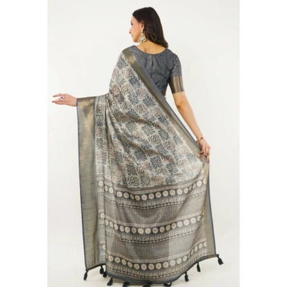 Generic Women's Polyester Printed Saree With Unstitched Blouse 5.5 Mtr (Grey)