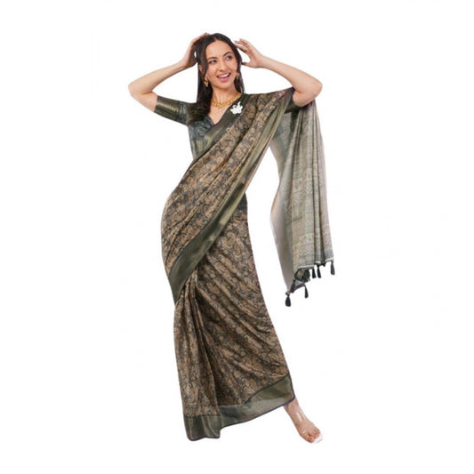 Generic Women's Polyester Printed Ready To Wear Saree With Unstitched Blouse 5.5 Mtr (Grey)
