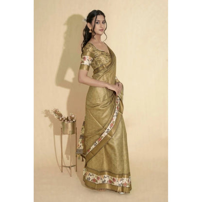 Generic Women's Polyester Printed Saree With Unstitched Blouse 5.5 Mtr (Gold)