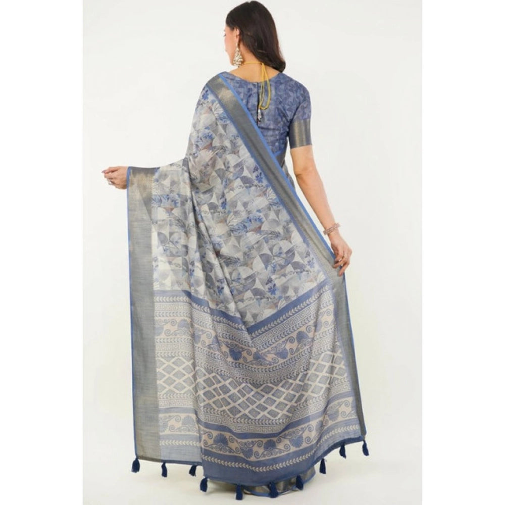 Generic Women's Polyester Printed Saree With Unstitched Blouse 5.5 Mtr (Grey)