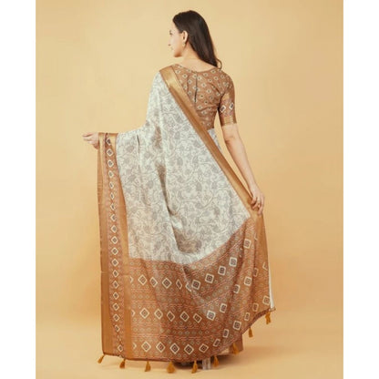 Generic Women's Polyester Printed Saree With Unstitched Blouse 5.5 Mtr (Off-White)