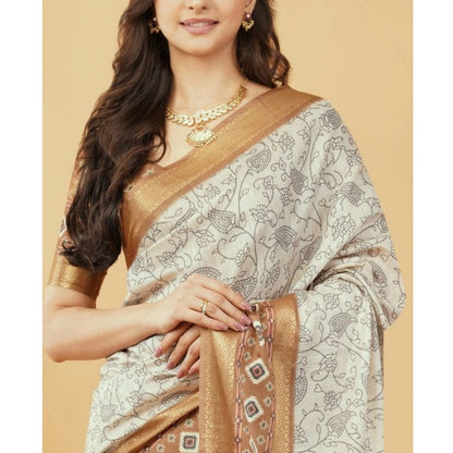 Generic Women's Polyester Printed Saree With Unstitched Blouse 5.5 Mtr (Off-White)
