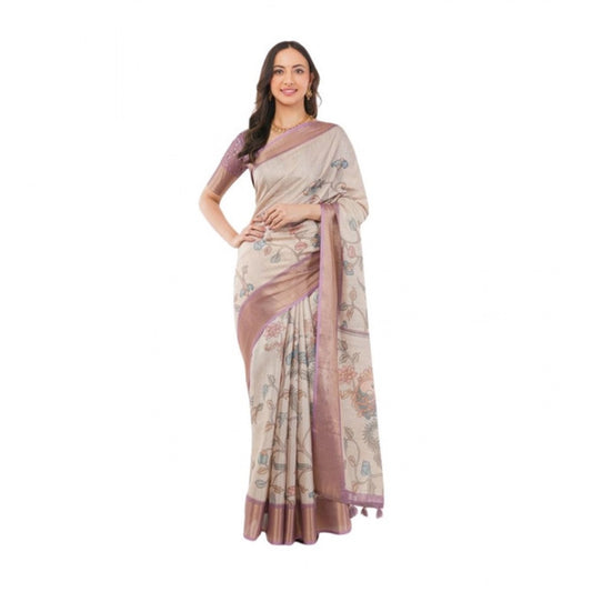 Generic Women's Polyester Printed Saree With Unstitched Blouse 5.5 Mtr (Cream)