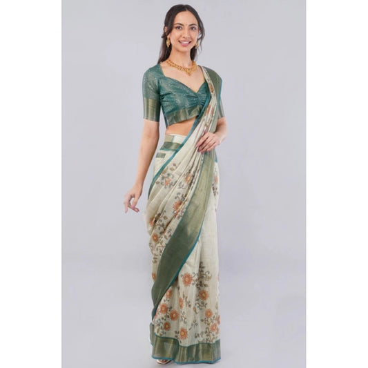 Generic Women's Polyester Printed Ready To Wear Saree With Unstitched Blouse 5.5 Mtr (Beige)