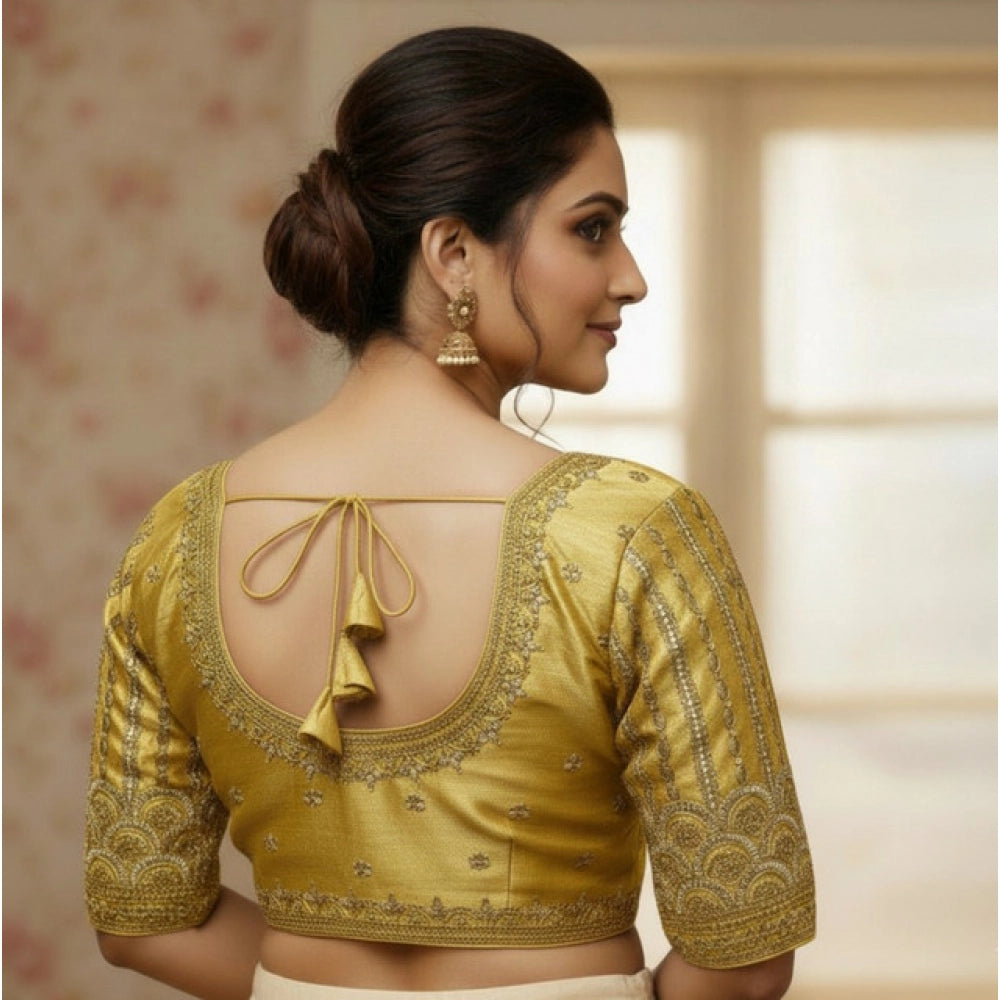 Generic Women's Phantom Silk Embroidered Designer Neck Padded Blouse (Beige 38 Ready (Alterable up to 42)