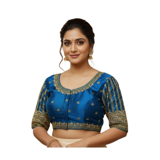 Generic Women's Phantom Silk Embroidered Designer Neck Padded Blouse (Blue 38 Ready (Alterable up to 42)