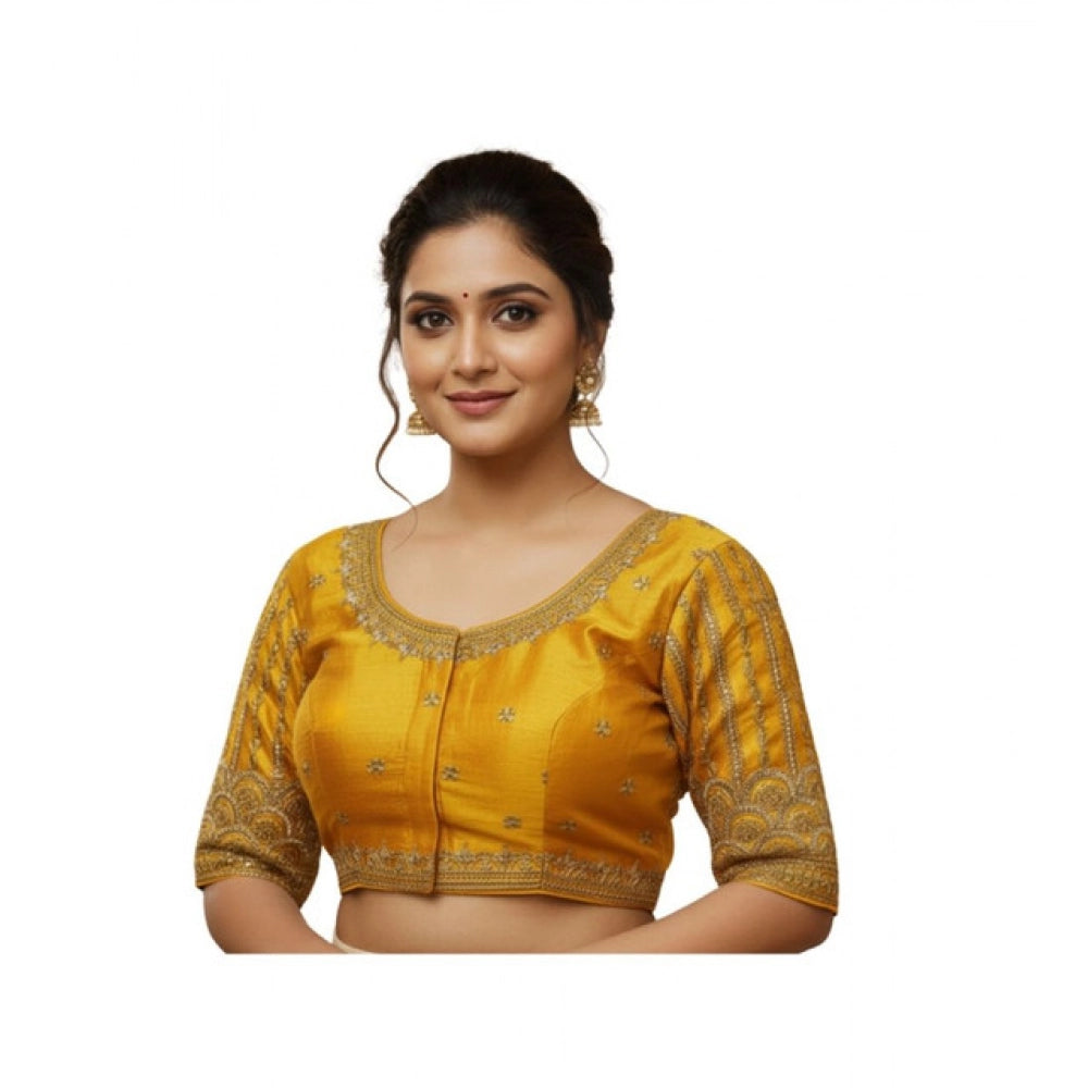 Generic Women's Phantom Silk Embroidered Designer Neck Padded Blouse (Mustard 38 Ready (Alterable up to 42)