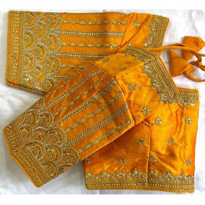 Generic Women's Phantom Silk Embroidered Designer Neck Padded Blouse (Mustard 38 Ready (Alterable up to 42)