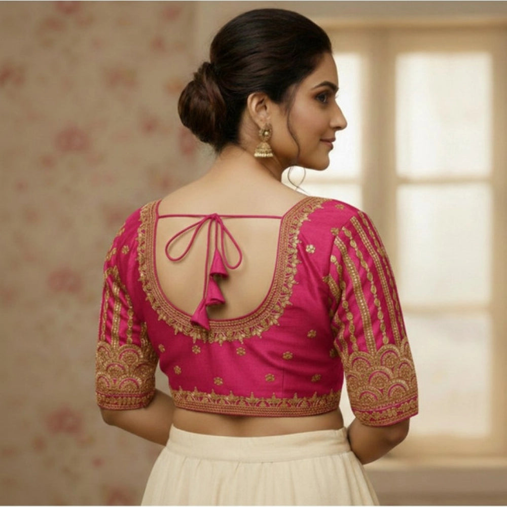 Generic Women's Phantom Silk Embroidered Designer Neck Padded Blouse (Pink 38 Ready (Alterable up to 42)