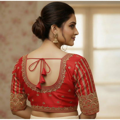 Generic Women's Phantom Silk Embroidered Designer Neck Padded Blouse (Red 38 Ready (Alterable up to 42)