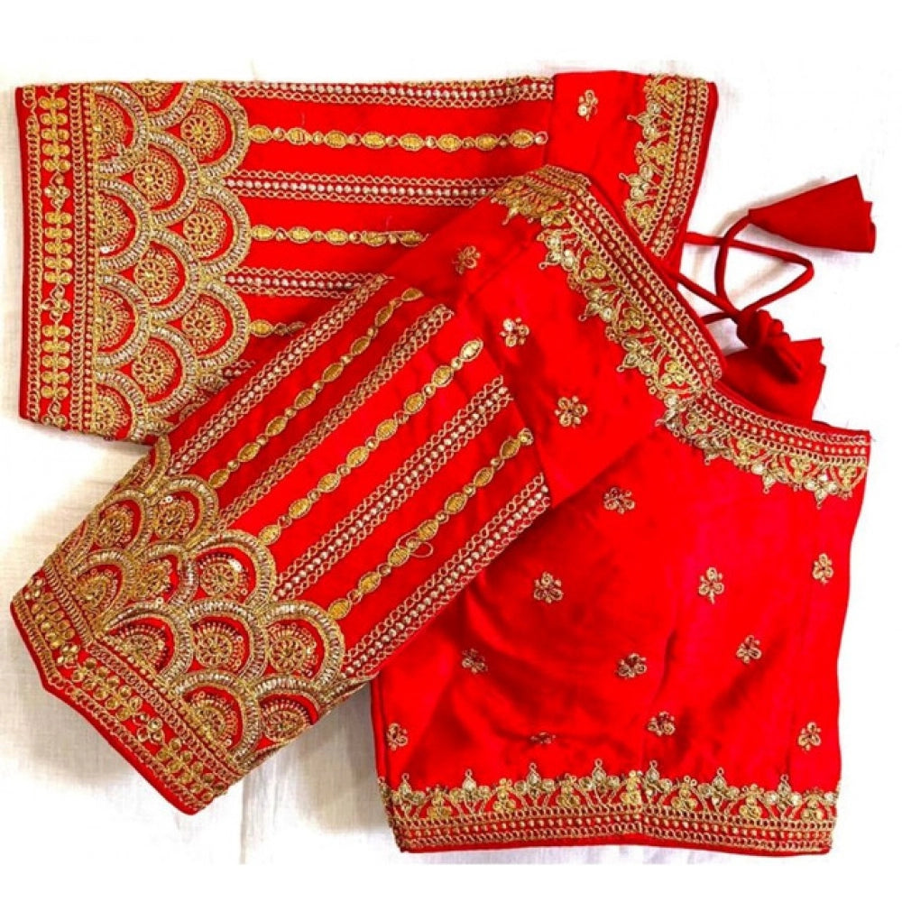 Generic Women's Phantom Silk Embroidered Designer Neck Padded Blouse (Red 38 Ready (Alterable up to 42)