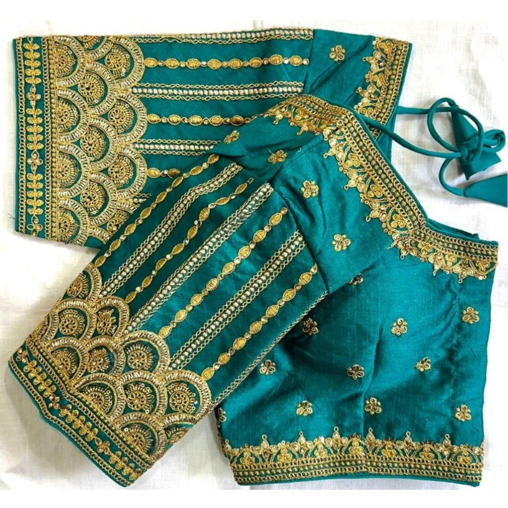 Generic Women's Phantom Silk Embroidered Designer Neck Padded Blouse (Teal 38 Ready (Alterable up to 42)
