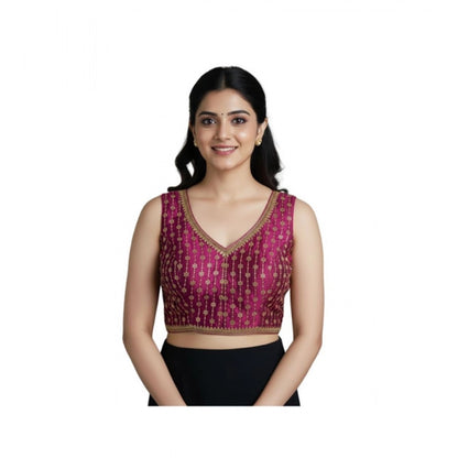 Generic Women's Silk Blend Embroidered V-Neck Non Padded Blouse (Dark Wine 38 Ready (Alterable up to 42)