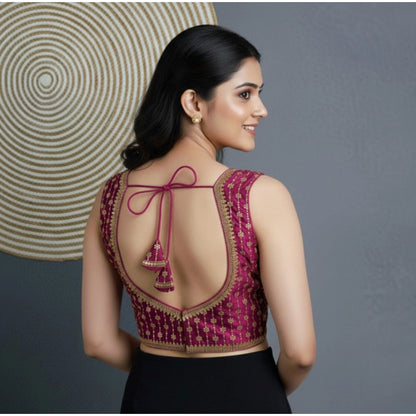 Generic Women's Silk Blend Embroidered V-Neck Non Padded Blouse (Dark Wine 38 Ready (Alterable up to 42)