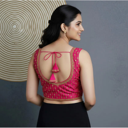 Generic Women's Silk Blend Embroidered V-Neck Non Padded Blouse (Pink 38 Ready (Alterable up to 42)