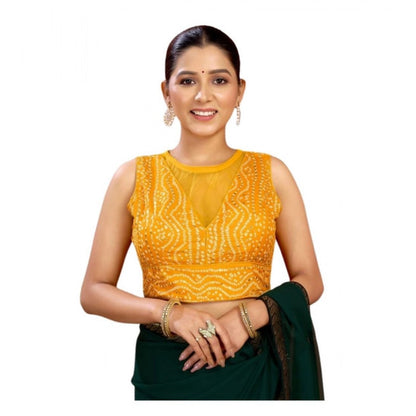 Generic Women's Rayon Cotton Bandhani Printed Halter Neck Non Padded Blouse (Mustard 38 Ready (Alterable up to 42)