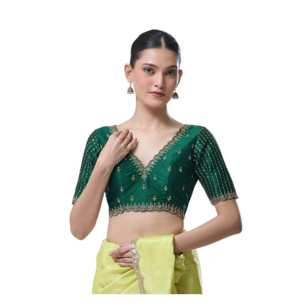 Generic Women's Banarasi Silk Sequence V Neck Non Padded Blouse (Green 38 Ready (Alterable up to 42)