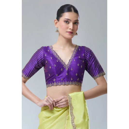 Generic Women's Banarasi Silk Sequence V Neck Non Padded Blouse (Purple 38 Ready (Alterable up to 42)