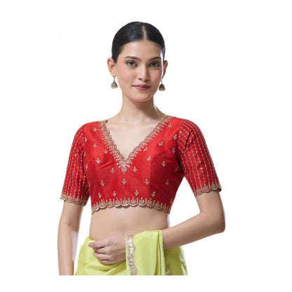 Generic Women's Banarasi Silk Sequence V Neck Non Padded Blouse (Red 38 Ready (Alterable up to 42)