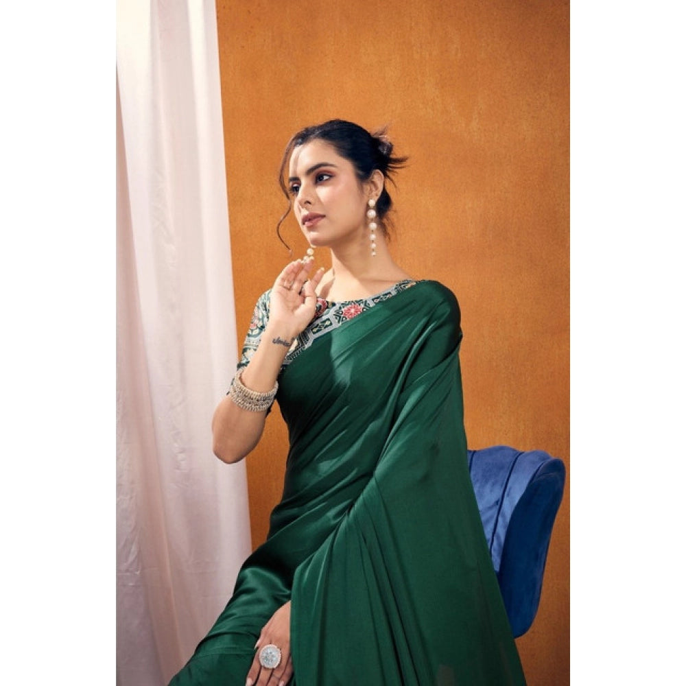Generic Women's Satin Crepe Printed Saree With Unstitched Blouse 5.5Mtr (Bottle Green)