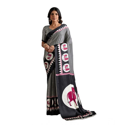 Generic Women's Satin Crepe Printed Saree With Unstitched Blouse 5.5Mtr (Black)