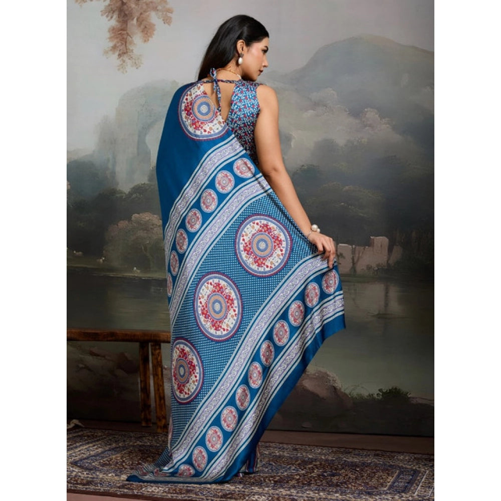 Generic Women's Satin Crepe Printed Saree With Unstitched Blouse 5.5Mtr (Blue)