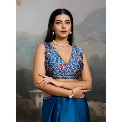 Generic Women's Satin Crepe Printed Saree With Unstitched Blouse 5.5Mtr (Blue)