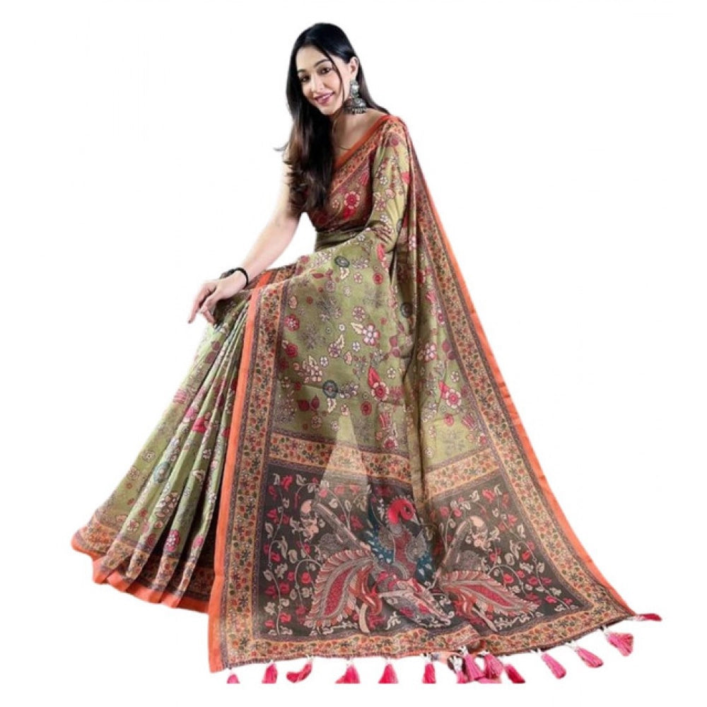 Generic Women's Linen Printed Saree With Unstitched Blouse 5.5Mtr (Sea Green)