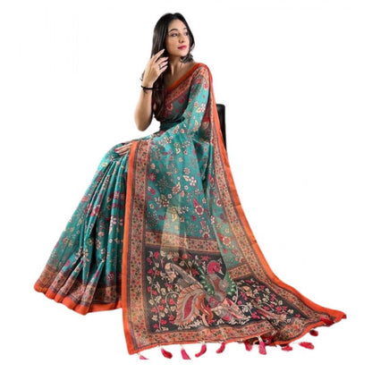 Generic Women's Linen Printed Saree With Unstitched Blouse 5.5Mtr (Olive)
