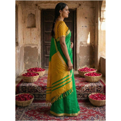 Generic Women's Cotton Printed Saree With Unstitched Blouse 5.5Mtr (Green)