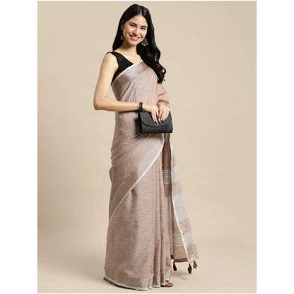 Generic Women's Linen Cotton Printed Saree With Unstitched Blouse 5.5Mtr (Beige)