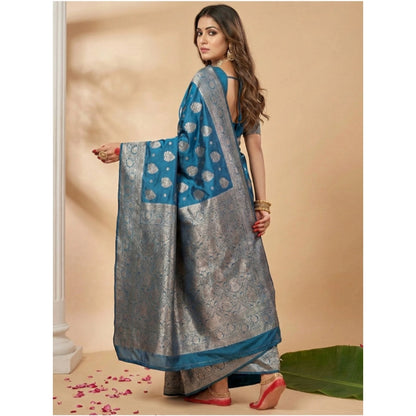 Generic Women's Silk Blend Printed Saree With Unstitched Blouse 5.5Mtr (Teal Blue)