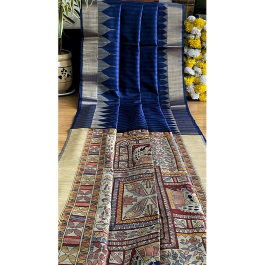 Generic Women's Tussar Silk Madhubani Saree With Unstitched Blouse 5.5Mtr (Blue)