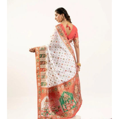 Generic Women's Faux_Banarasi Woven Motifs Saree With Unstitched Blouse 5.5Mtr (White)