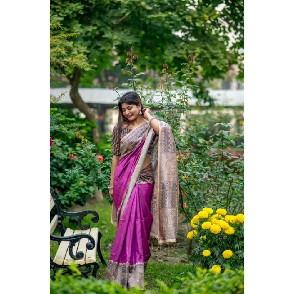 Generic Women's Faux_Tussar Geometric_Print Saree With Unstitched Blouse 5.5Mtr (Purple)