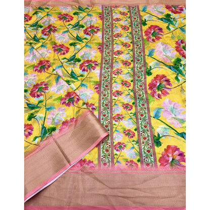 Generic Women's Cotton Silk Floral Printed Saree With Unstitched Blouse 5.5Mtr (Yellow)