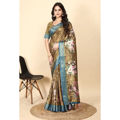 Generic Women's Cotton Blend Floral Printed Saree With Unstitched Blouse 5.5Mtr (Multicolor)