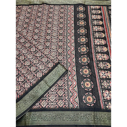 Generic Women's Cotton Blend Printed Saree With Unstitched Blouse 5.5Mtr (Black)