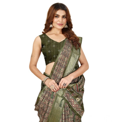 Generic Women's Cotton Blend Printed Saree With Unstitched Blouse 5.5Mtr (Green)