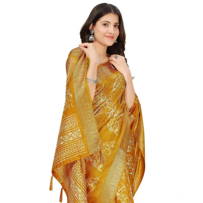 Generic Women's Cotton Silk Floral Printed Saree With Unstitched Blouse 5.5Mtr (Yellow)
