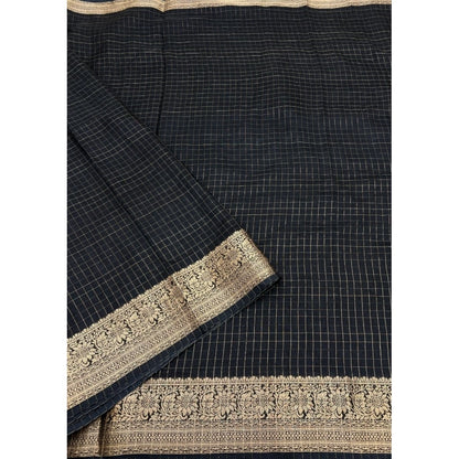 Generic Women's Cotton Blend Checkered Saree With Unstitched Blouse 5.5Mtr (Black)