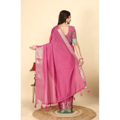 Generic Women's Cotton Blend Checkered Saree With Unstitched Blouse 5.5Mtr (Pink)