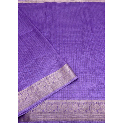 Generic Women's Cotton Blend Checkered Saree With Unstitched Blouse 5.5Mtr (Purple)