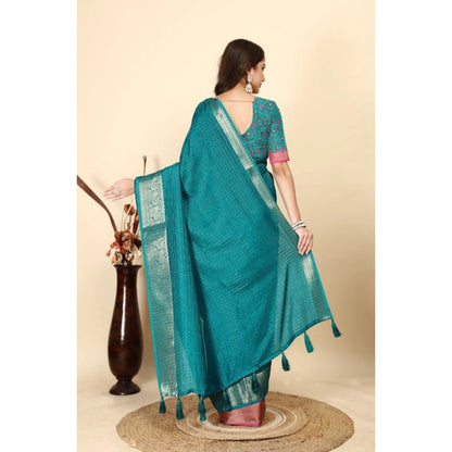 Generic Women's Cotton Blend Checkered Saree With Unstitched Blouse 5.5Mtr (Rama)