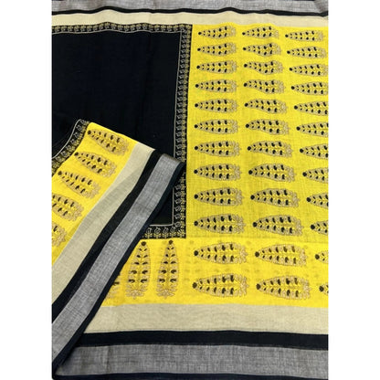 Generic Women's Cotton Linen Printed Saree With Unstitched Blouse 5.5Mtr (Black)
