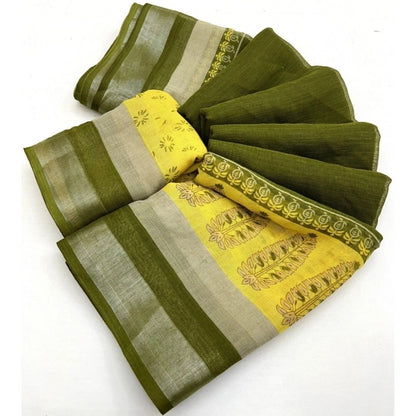 Generic Women's Cotton Linen Printed Saree With Unstitched Blouse 5.5Mtr (Green)