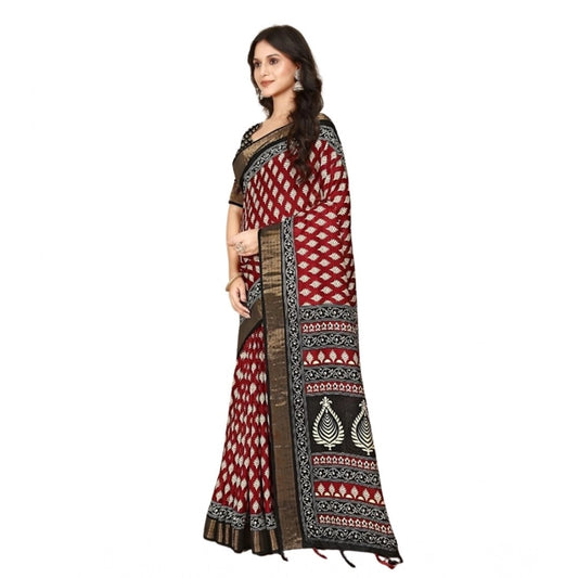 Generic Women's Cotton Silk Printed Saree With Unstitched Blouse 5.5Mtr (Red)