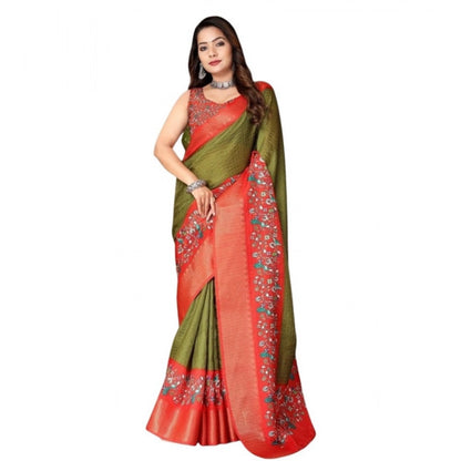Generic Women's Cotton Silk Printed Saree With Unstitched Blouse 5.5Mtr (Green-Red)